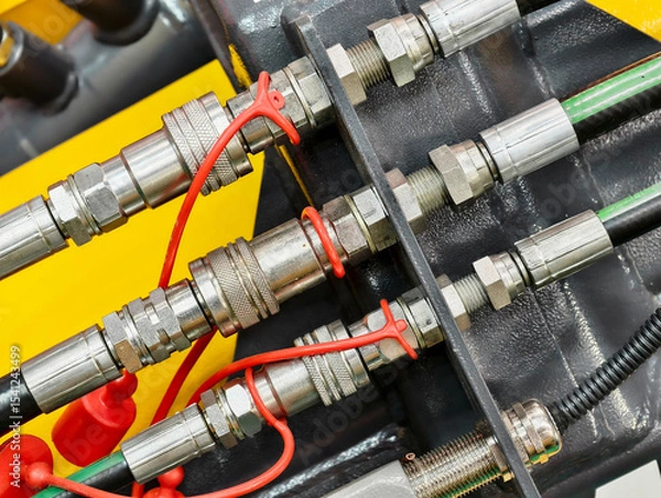 Fototapeta Hydraulic system components in a yellow machinery setup during maintenance to ensure optimal performance and safety