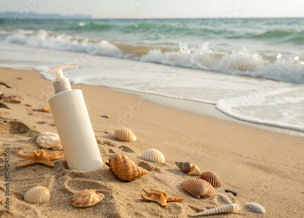 Obraz Summer Beach Essence: A pristine sunscreen bottle nestled in warm sand, encircled by a collection of sun-kissed seashells and starfish, with gentle waves crashing in the background.