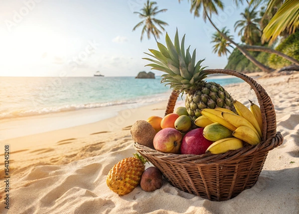 Obraz Tropical fruit basket on beach: A vibrant basket of tropical fruit on a sandy beach with the clear ocean, sun, and palm trees. Perfect for travel and summer themes.