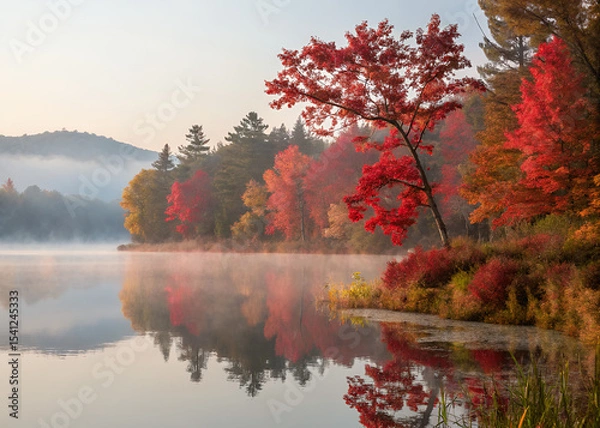 Obraz Autumn Tranquility: A serene lake reflects the vibrant colors of autumn foliage, creating a picturesque landscape of nature's beauty.