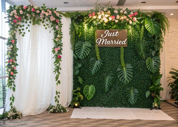Obraz Tropical Wedding Backdrop: A lush green wall adorned with monstera leaves and pink flowers, creating a romantic and vibrant backdrop for a wedding ceremony or photoshoot.
