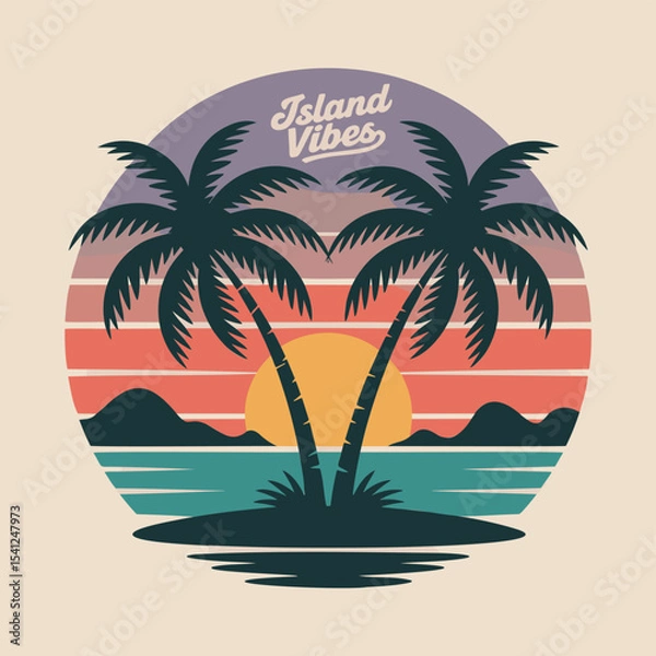 Fototapeta Retro sunset island illustration with palm trees and "Island Vibes" text. Tropical paradise, vintage design, vacation