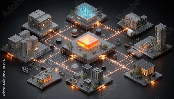 Fototapeta Isometric City Grid with Data Flow and Technology
