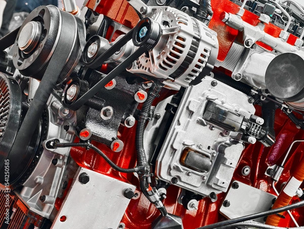 Fototapeta Engine assembly showcasing intricate components and details in a workshop setting during daylight hours