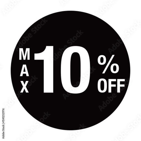 Obraz ”MAX10％OFF ”の文字入り　円形のベクターイラスト　黒色　白文字　背景透過
