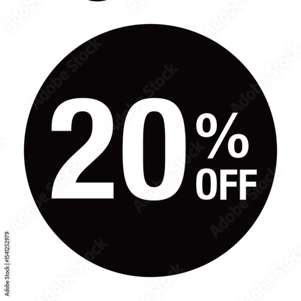 Obraz ”20％OFF ”の文字入り 円形のベクターイラスト　モノクロ　白文字　背景透過　
