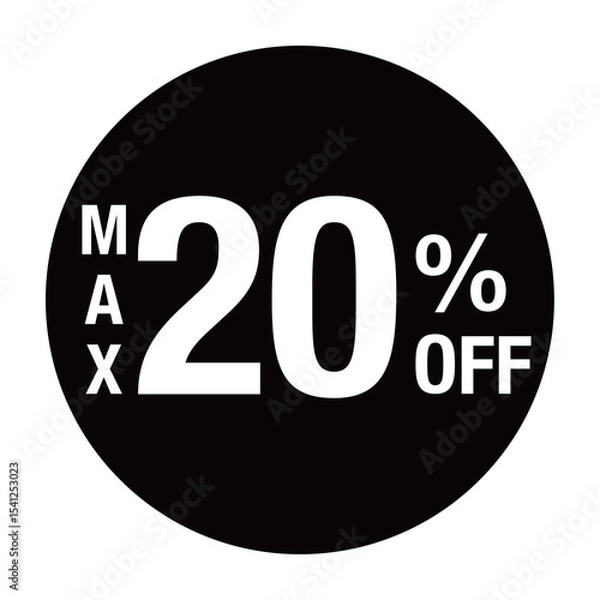 Obraz ”MAX20％OFF ”の文字入り　円形のベクターイラスト　黒色　白文字　背景透過