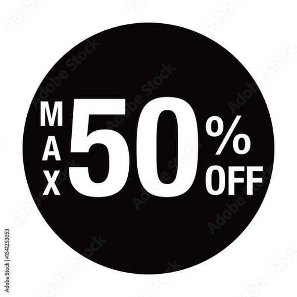Obraz ”MAX50％OFF ”の文字入り　円形のベクターイラスト　黒色　白文字　背景透過

