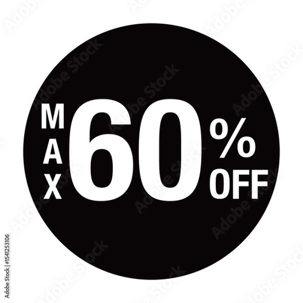 Obraz ”MAX60％OFF ”の文字入り　円形のベクターイラスト　黒色　白文字　背景透過

