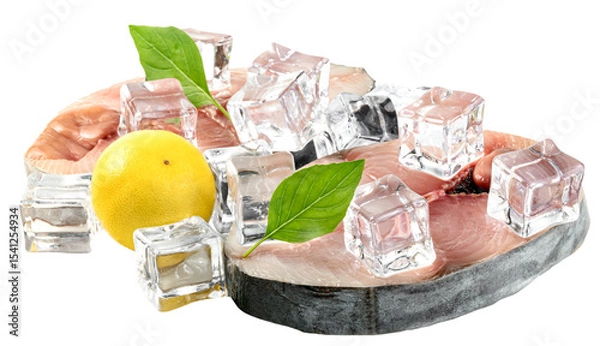 Obraz Spanish mackerel slice or spotted mackerels with lemon and leaf basil and ice cube isolated, Scomberomorus