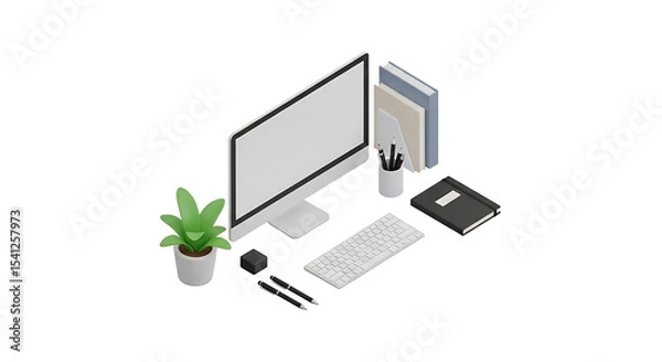 Fototapeta A sleek desktop computer and office supplies are arranged in a minimalist isometric illustration, a modern workstation.