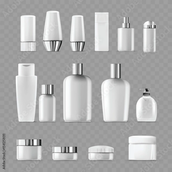 Fototapeta Comprehensive Set of Blank White Cosmetic Bottles and Jars .Vector