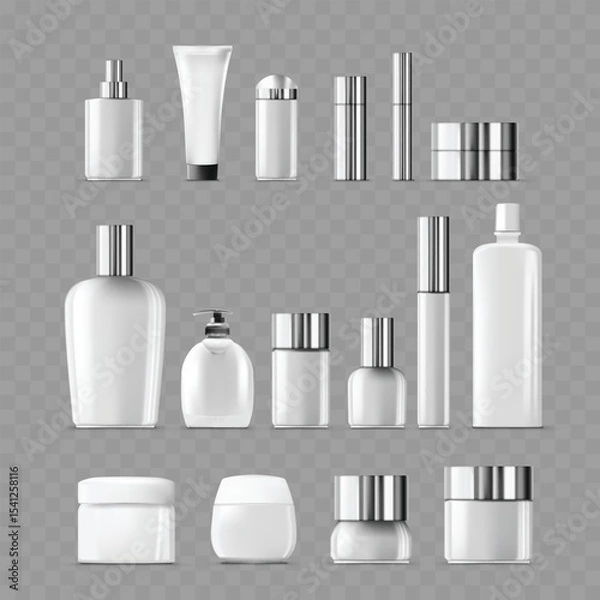 Fototapeta Comprehensive Set of Blank White Cosmetic Bottles and Jars .Vector