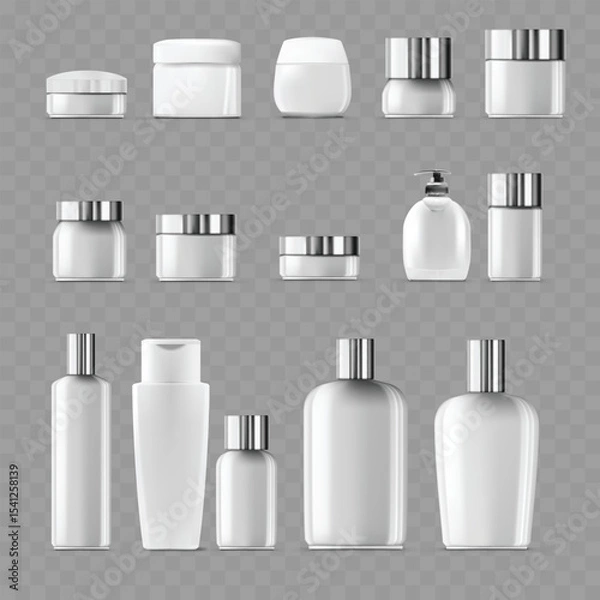 Fototapeta Comprehensive Set of Blank White Cosmetic Bottles and Jars .Vector