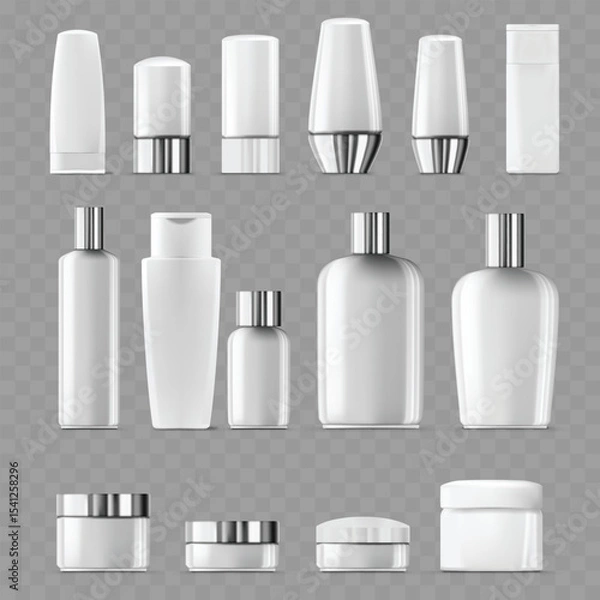 Fototapeta Comprehensive Set of Blank White Cosmetic Bottles and Jars .Vector