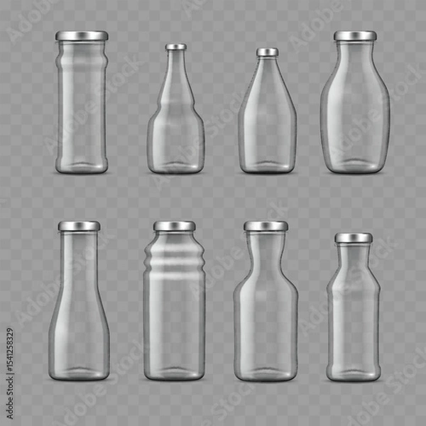 Fototapeta Set of Blank Empty Glass Bottles with Silver Caps .Vector