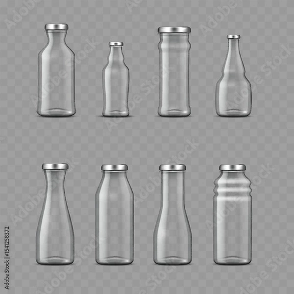 Fototapeta Set of Blank Empty Glass Bottles with Silver Caps .Vector