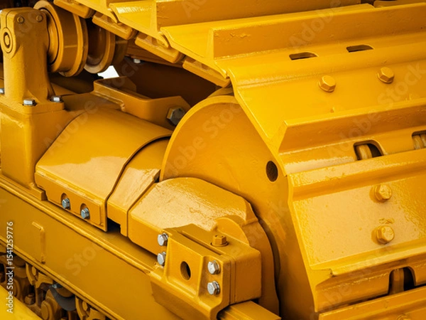 Obraz Heavy machinery components highlighted in bright yellow during construction at a job site in the afternoon sun