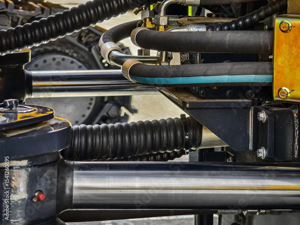Fototapeta Close-up view of hydraulic system components in heavy machinery at a construction site during daytime