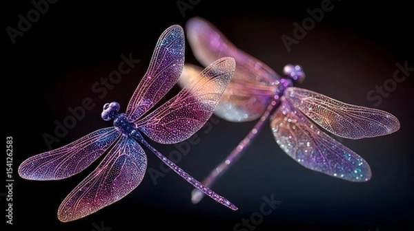 Fototapeta Two Sparkling Dragonflies in Flight, Purple Pink Glitter Wings, Dark Background