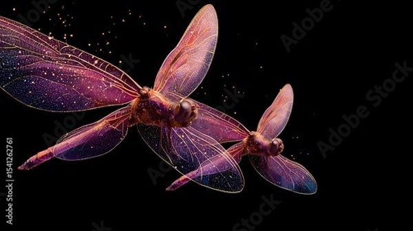 Fototapeta Two Sparkling Dragonflies in Flight, Purple Pink Glitter Wings, Dark Background