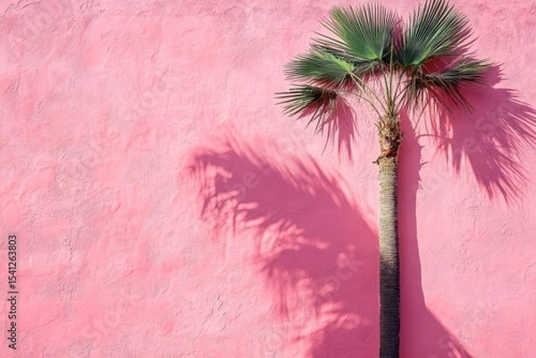 Fototapeta Isolated palm tree creating dynamic shadows on textured pink surface under bright sunlight, Isolated palm tree casting shadows on textured pink wall