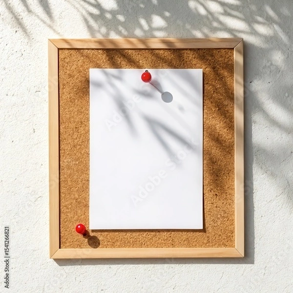 Obraz 
Minimalist cork memo board with a blank white paper, pinned, and illuminated by sunlight creating natural leaf shadows, perfect for notes or announcements.