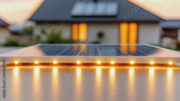 Fototapeta A solar panel with glowing lights in the foreground and a modern house with illuminated windows blurred in the background during sunset.