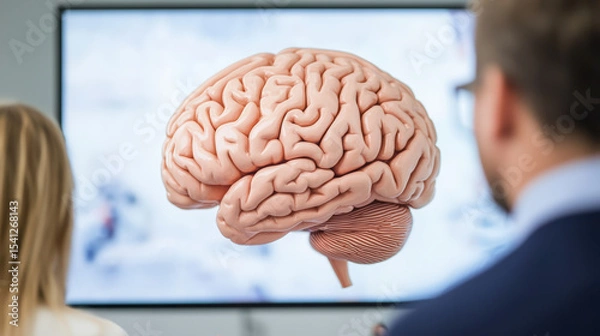 Fototapeta A group observes a digital 3D model of a human brain displayed on a large screen in a modern setting.