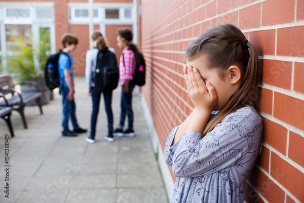 Obraz A girl stands and cry against a wall with her face covered, visibly upset while classmates chat nearby in a school courtyard. school bullying concept. Generative AI.