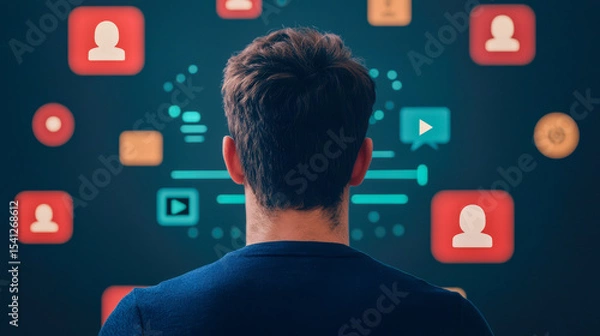 Fototapeta A person faces a digital interface filled with social media and multimedia icons, symbolizing online interaction and connectivity.