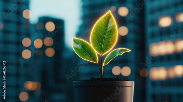 Fototapeta A small plant with glowing edges grows in a pot against a blurred cityscape background with bokeh lights.