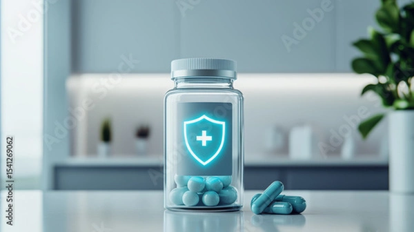 Fototapeta A transparent pill bottle with blue capsules inside features a glowing shield and cross symbol, representing health protection and medicine.