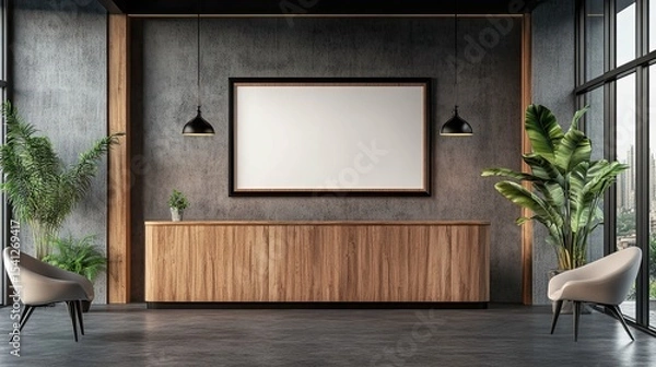 Fototapeta Corporate branding logo presentation with blank frame mockup in modern office reception area. 