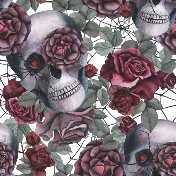 Obraz Seamless pattern Scull, dark roses with black spider, cobweb isolated on white background. Watercolor hand drawn illustration. Art design mystical graphics Halloween witch fabric, textile decoration