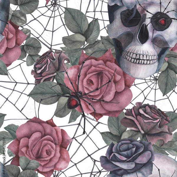 Obraz Seamless pattern Scull, dark roses with black spider, cobweb isolated on white background. Watercolor hand drawn illustration. Art design mystical graphics Halloween witch fabric, textile decoration