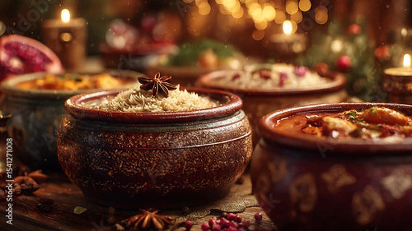 Fototapeta A rustic holiday feast displaying delicious dishes on a wooden table with candlelight