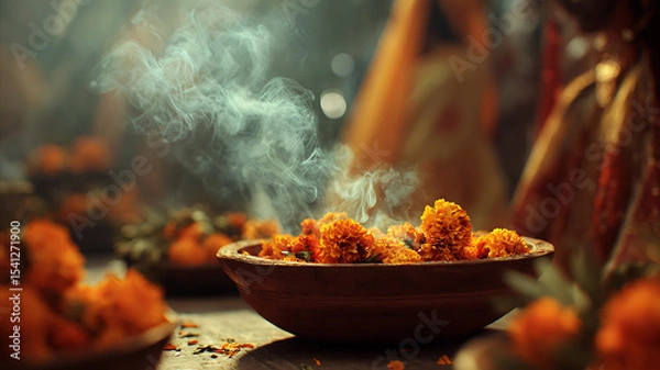 Fototapeta Aromatic orange marigold flowers in a clay bowl with mystical smoke and bokeh background