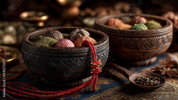 Fototapeta Artistic still life of spices and herbs in intricately carved wooden bowls with selective focus