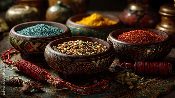 Fototapeta Assortment of vibrant spices and herbs in rustic wooden bowls on a decorative surface