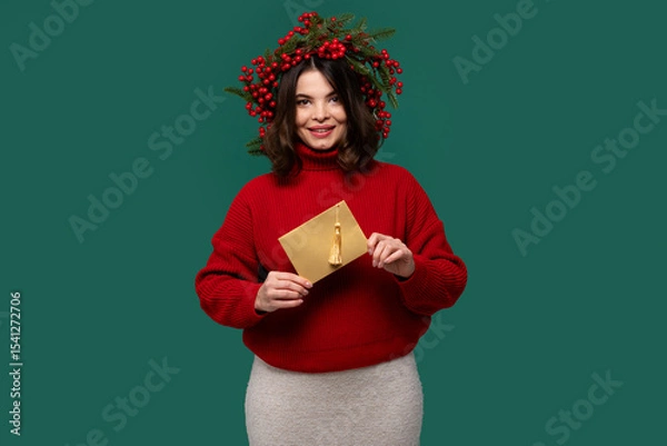 Fototapeta Cheerful woman in a red sweater holding a golden envelope, wearing a berry wreath, smiling