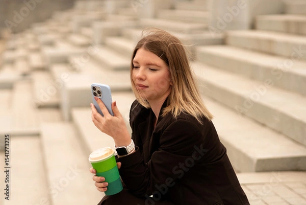 Fototapeta Young woman checking phone while holding coffee cup outside. Natural feel with soft light. Casual, confident pose and expression add genuine and approachable vibe