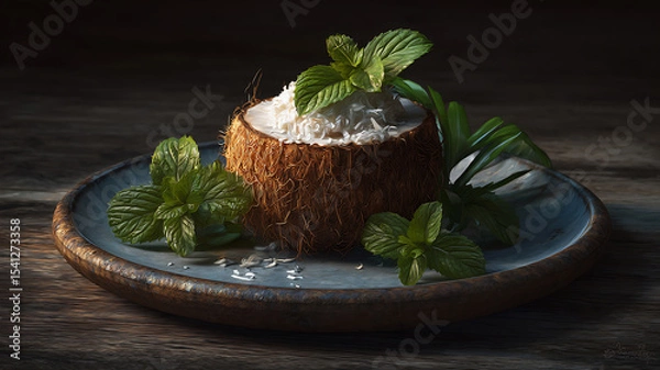 Fototapeta Coconut dessert presented on a rustic plate with fresh mint leaves and shredded coconut