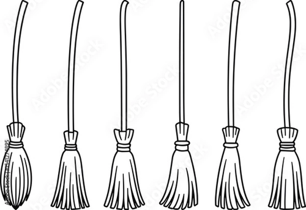 Fototapeta Set of Hand Drawn Broomstick Line Art – Traditional Cleaning Tools Vector Illustration