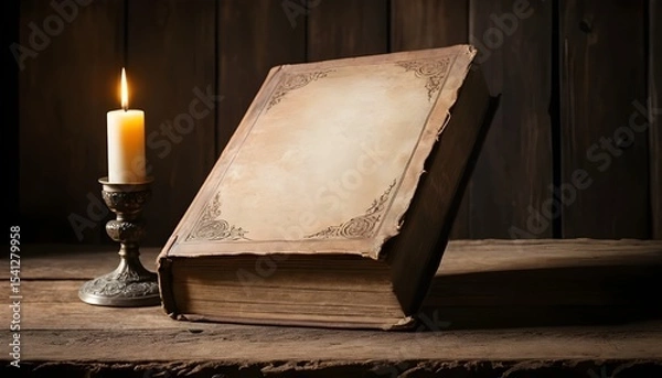 Fototapeta Old book and candle resting on wooden surface in vintage setting