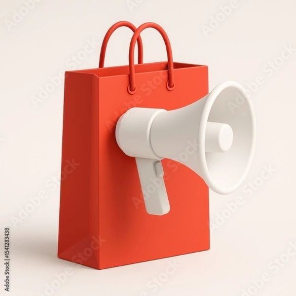 Fototapeta Shop Announcement: An eye-catching visual showcasing a red shopping bag with a megaphone, representing marketing and promotion within retail, conveying brand awareness and consumerism.