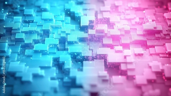 Fototapeta Abstract futuristic digital background with glowing blue and pink 3D cubes and pixelated pattern design