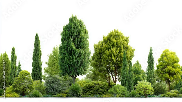 Fototapeta Collection of green trees and shrubs arranged in a row, isolated on a white background, symbolizing summer vegetation