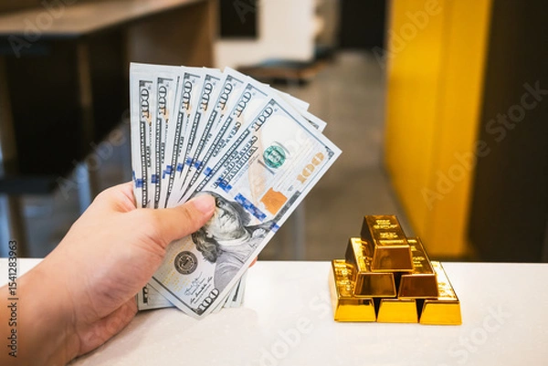 Fototapeta Gold and dollar bills are placed together on a table, reflecting the idea of ​​the need to produce a denominated dollar with a gold base value.