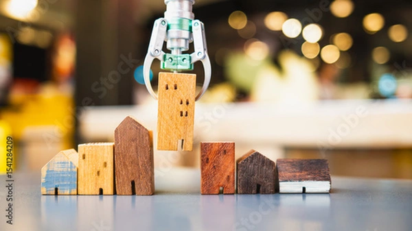 Fototapeta AI in real estate: A robotic arm lifts a tiny wooden house, showcasing technology's power to match homes with budgets and desired types.